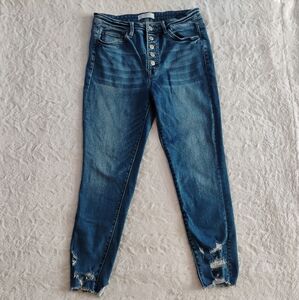 Vervet Blue Distressed Button Fly Raw  Hem Ankle Jeans